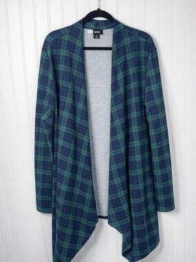 Tacera Blue Green Plaid Open Front Long Cardigan Sweater Drape Duster Preppy